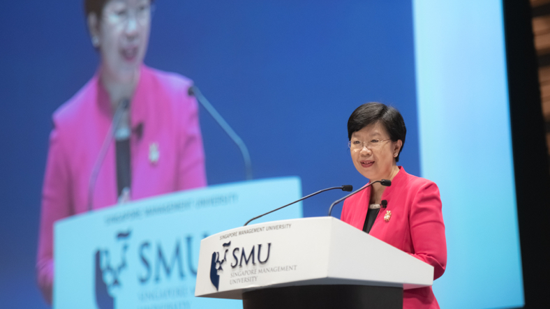 SMU’s fifth President, Professor Lily Kong, making her inaugural address