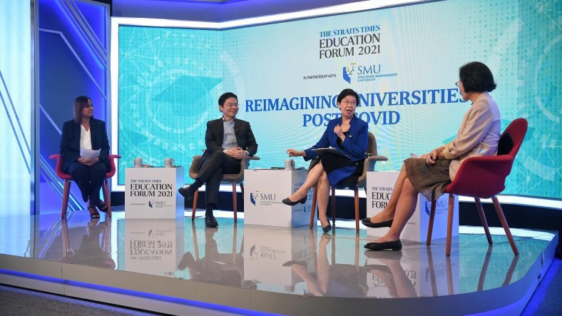 ST Education Forum 2021, with (L–R) panellists Ms Sandra Davie, Minister Lawrence Wong, Prof Lily Kong and moderator Ms Lydia Lim.
