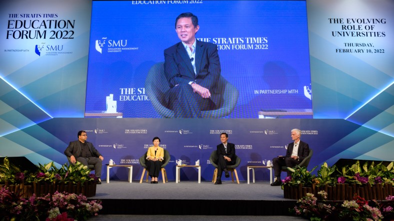 (L-R) Mr Zakir Hussain, ST’s Singapore Editor; SMU President Prof Lily Kong; Education Minister Chan Chun Sing; and Director for Education and Skills and Special Advisor on Education Policy to the Secretary-General Mr Andreas Schleicher. [Photo: The Straits Times, SPH]