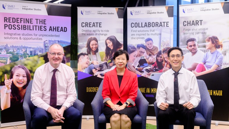 (From left) SMU Provost, Prof Timothy Clark; SMU President, Prof Lily Kong; and SMU Dean, College of Integrative Studies (CIS), Prof Elvin Lim announced the formation of the new college. (Photo: SMU)