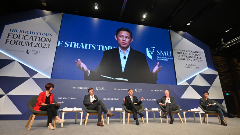 (From left) SMU's Professor Emeritus of Finance (Practice) and panel moderator Annie Koh, Google Singapore's Country Managing Director Ben King, Education Minister Chan Chun Sing, SMU Provost Timothy Clark, and LinkedIn’s Head of Asia, Talent and Learning Solutions Frank Koo at The Straits Times Education Forum 2023.