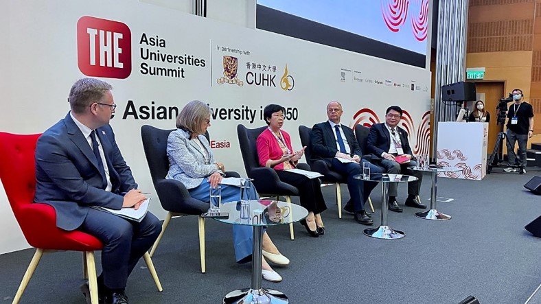 SMU President Prof Lily Kong (centre) and fellow panellists at the THE Asia Universities Summit 2023.