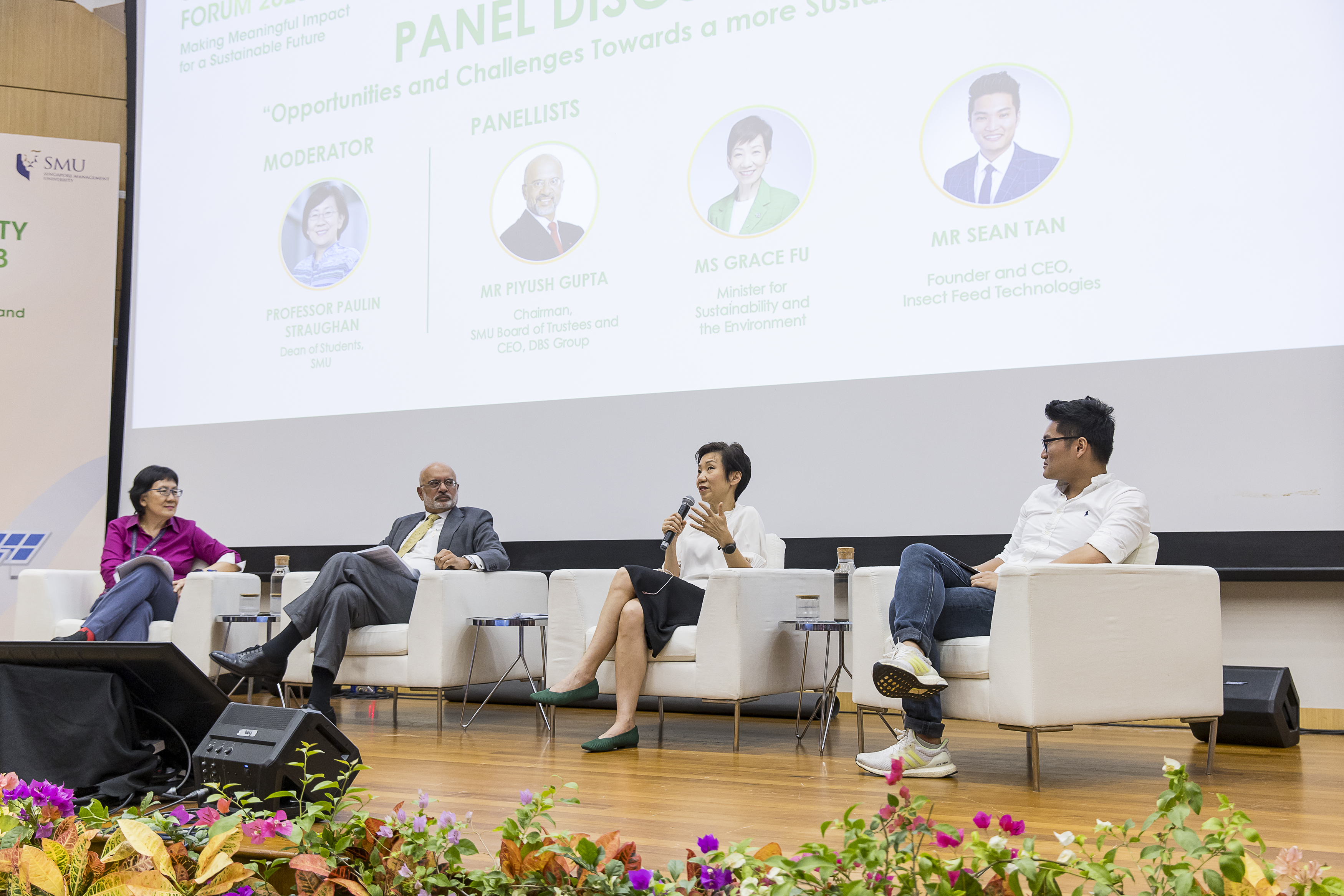 (L-R) Panel Moderator – SMU Dean of Students Prof Paulin Straughan and panellists - SMU Chairman Mr Piyush Gupta, Minister for Sustainability and the Environment Ms Grace Fu and Founder & CEO of Insect Feed Technologies Mr Sean Tan.