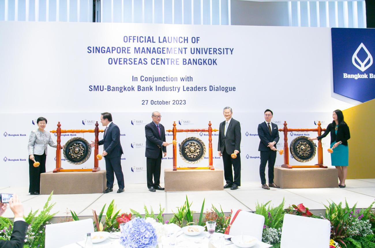 (L—R) SMU President Prof Lily Kong, SMU Trustee and Group CEO of Frasers Property Ltd Mr Panote Sirivadhanabhakdi, Former Deputy Minister of Education &amp;amp; Chairman, Kasetsart University Council Dr Krissanapong Kirtikara, Chair of SMU’s International Advisory Council in Thailand and President of Bangkok Bank Mr Chartsiri Sophonpanich, Charge d’Affaires ad interim, Embassy of the Republic of Singapore in Bangkok Mr Alexander Lim, and SMU Vice President, Partnerships and Engagement, Prof Lim Sun Sun.
