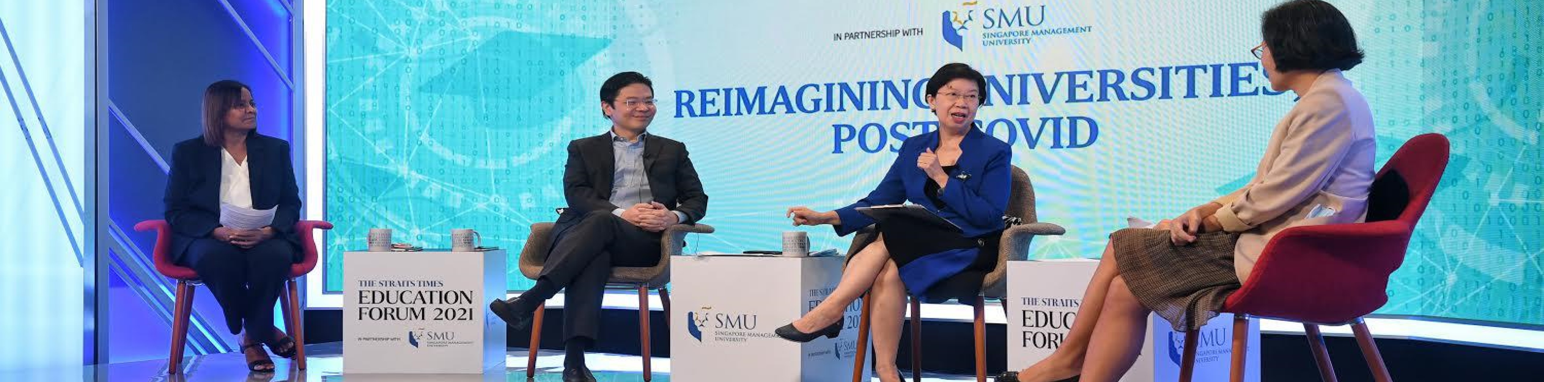 ST Education Forum 2021, with (L–R) panellists Ms Sandra Davie, Minister Lawrence Wong, Prof Lily Kong and moderator Ms Lydia Lim.