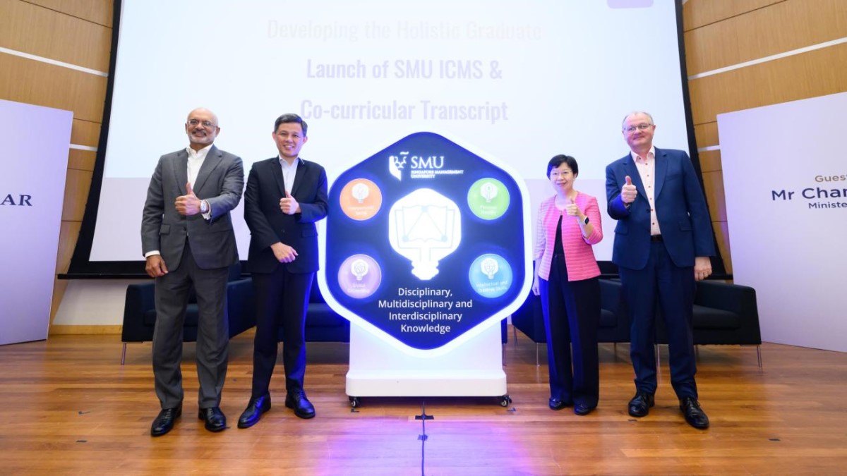 The launch ceremony was officiated by (from L- R) SMU Chairman Mr Piyush Gupta, Minister for Education, Mr Chan Chun Sing, SMU President Prof Lily Kong, SMU Provost Prof Timothy Clark.