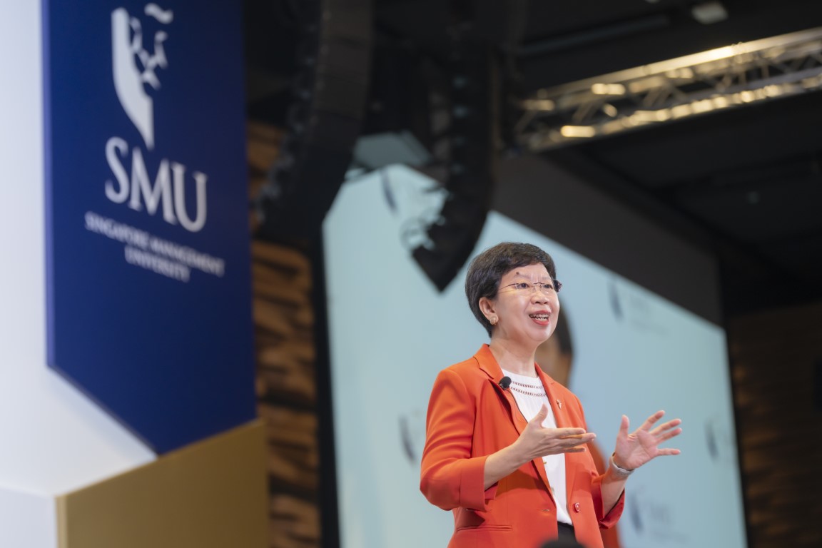 SMU President Prof Lily Kong making her 2024 President’s State of the University Address.