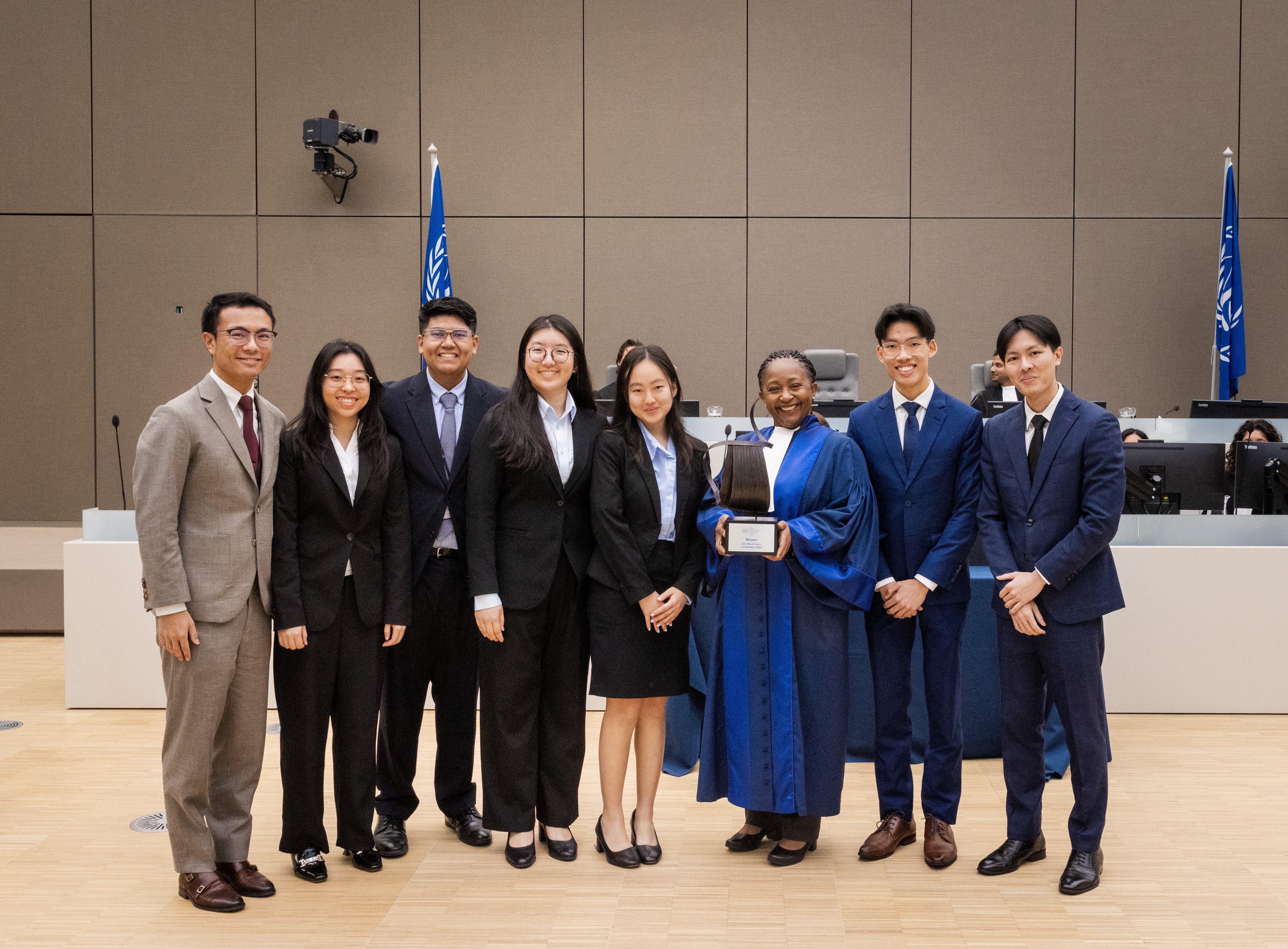 2024 winning International Criminal Court Moot team in the ICC court in The Hague, with ICC judge Althea Violet Alexis-Windsor.