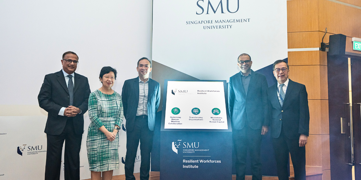 Launch of SMU Resilient Workforces Institute (L-R): Prof Archan Misra, Prof Lily Kong, Mr Tan Kok Yam, Dr Janil Puthucheary, and Prof Alan Chan.