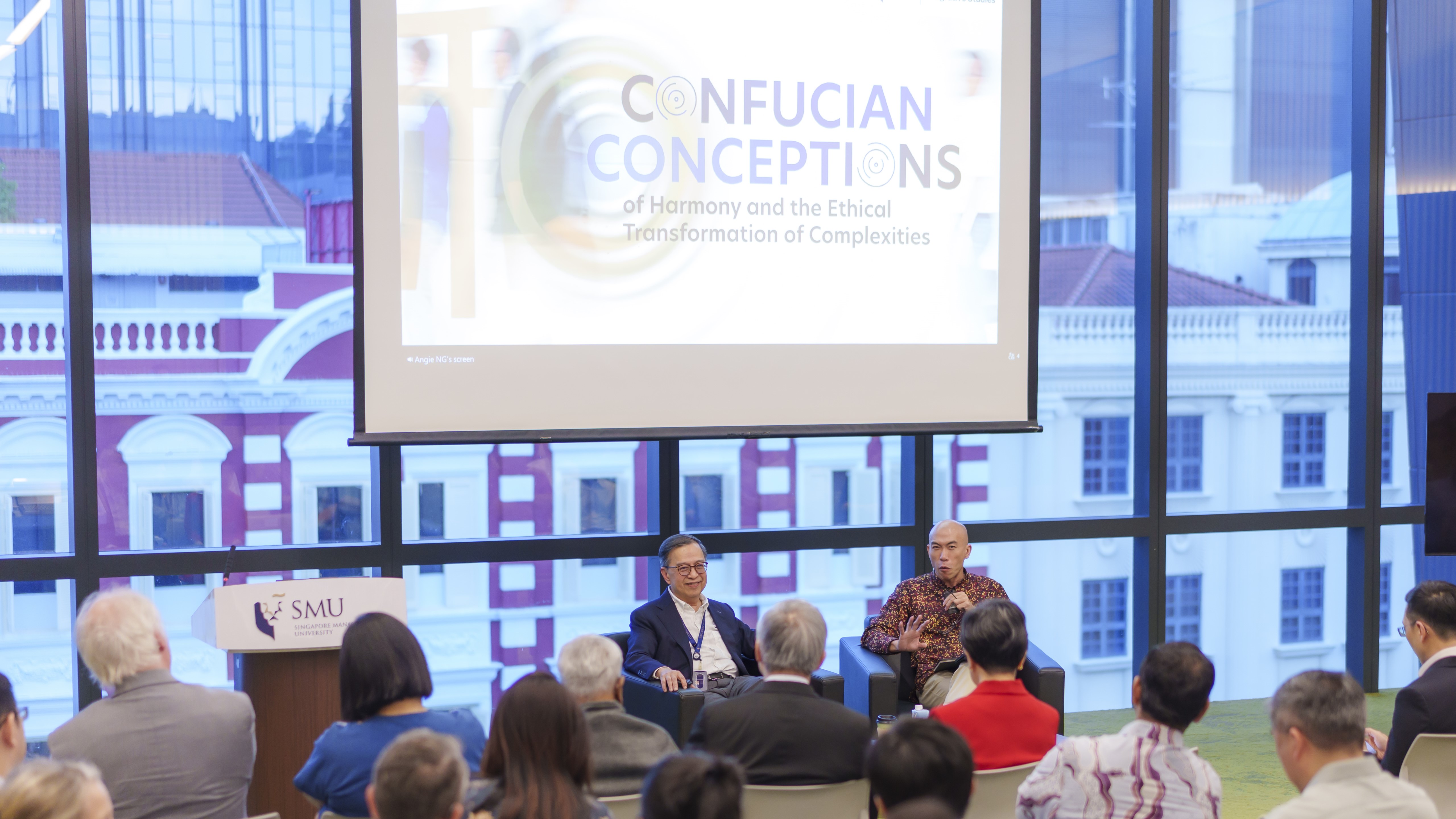 SMU Provost Prof Alan Chan (centre left) and Asst Prof Aidan Wong engaging in a dialogue on Confucian Conceptions of Harmony and the Ethical Transformation of Complexities, attended by members of the SMU, inter-religious leaders and the wider community.