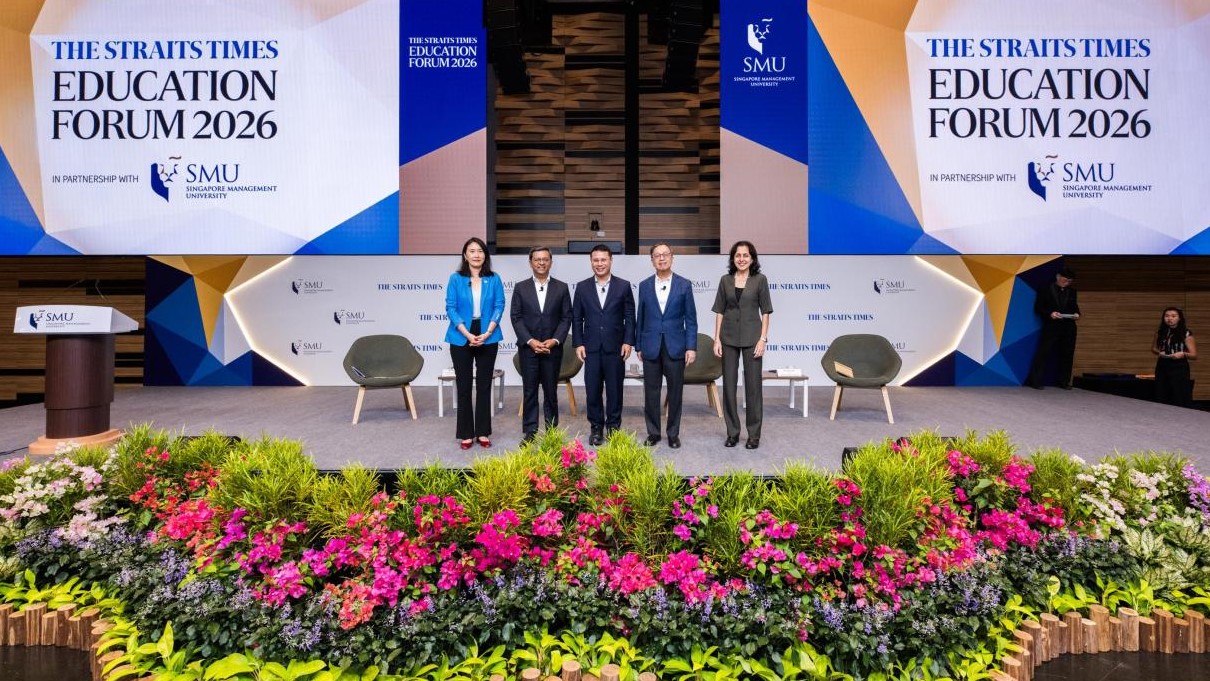 (L-R) Prof Lim Sun Sun, Vice President, Partnerships and Engagement, SMU; Raghav Gupta, Head of Education (Asia Pacific), OpenAI; Desmond Lee, Minister for Education; SMU Provost Alan Chan and Ms Karamjit Kaur, Associate Editor, The Straits Times at The Straits Times Education Forum 2026.