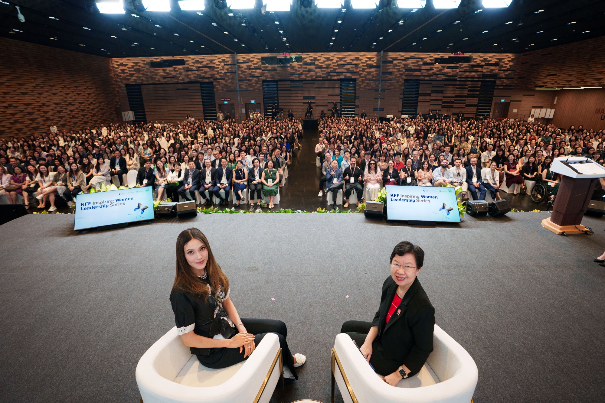 Olympic Champion Eileen Gu (L) with SMU President Prof Lily Kong and the audience at the Karim Family Foundation Inspiring Women Leadership Series 2026.