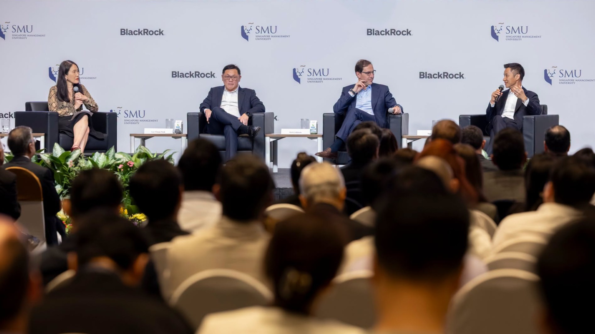 At the SMU Visionary Series on 1 October 2026 (L-R): Prof Lim Sun Sun, SMU; Mr Lee Chuan Teck, Enterprise Singapore; Mr Rob Goldstein, BlackRock; and Mr Sam Kim, GIC.