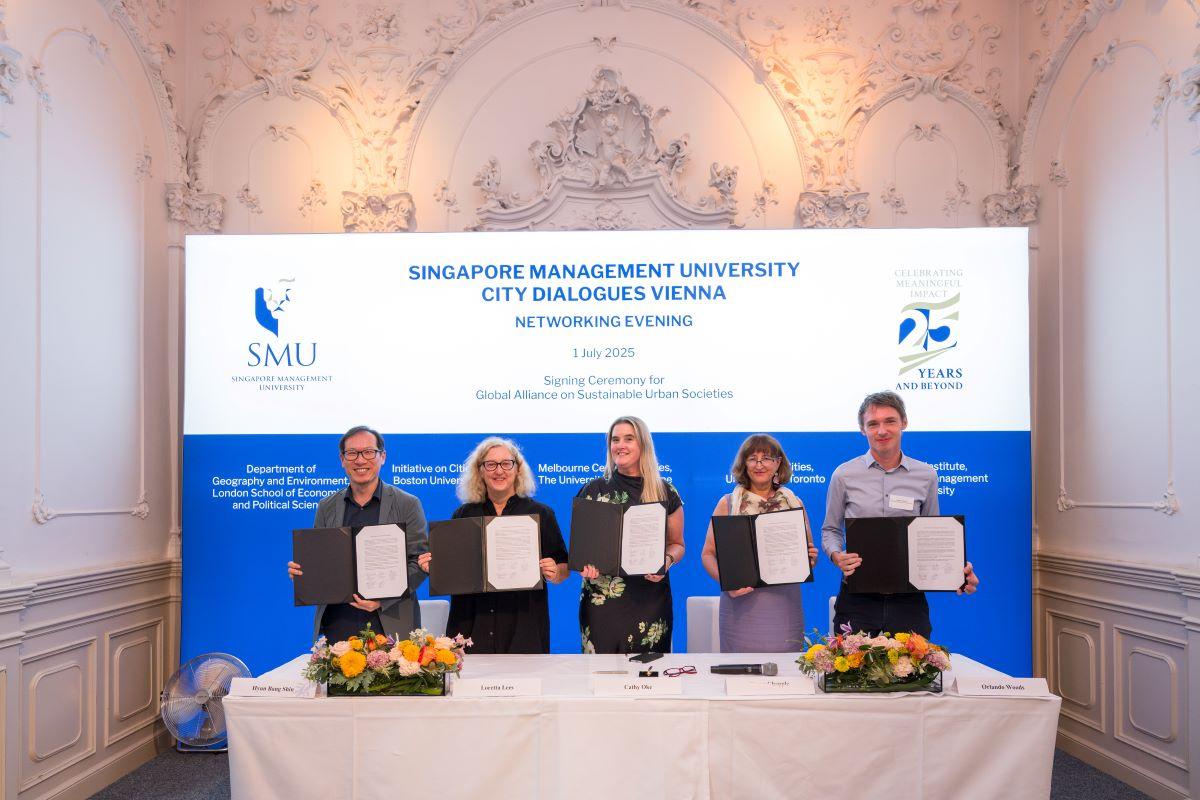 The founding members of the Global Alliance on Sustainable Urban Societies (R-L): Prof Orlando Woods, Prof Karen Chapple, Prof Cathy Oke, Prof Loretta Lees, and Prof Hyun Bang Shin.