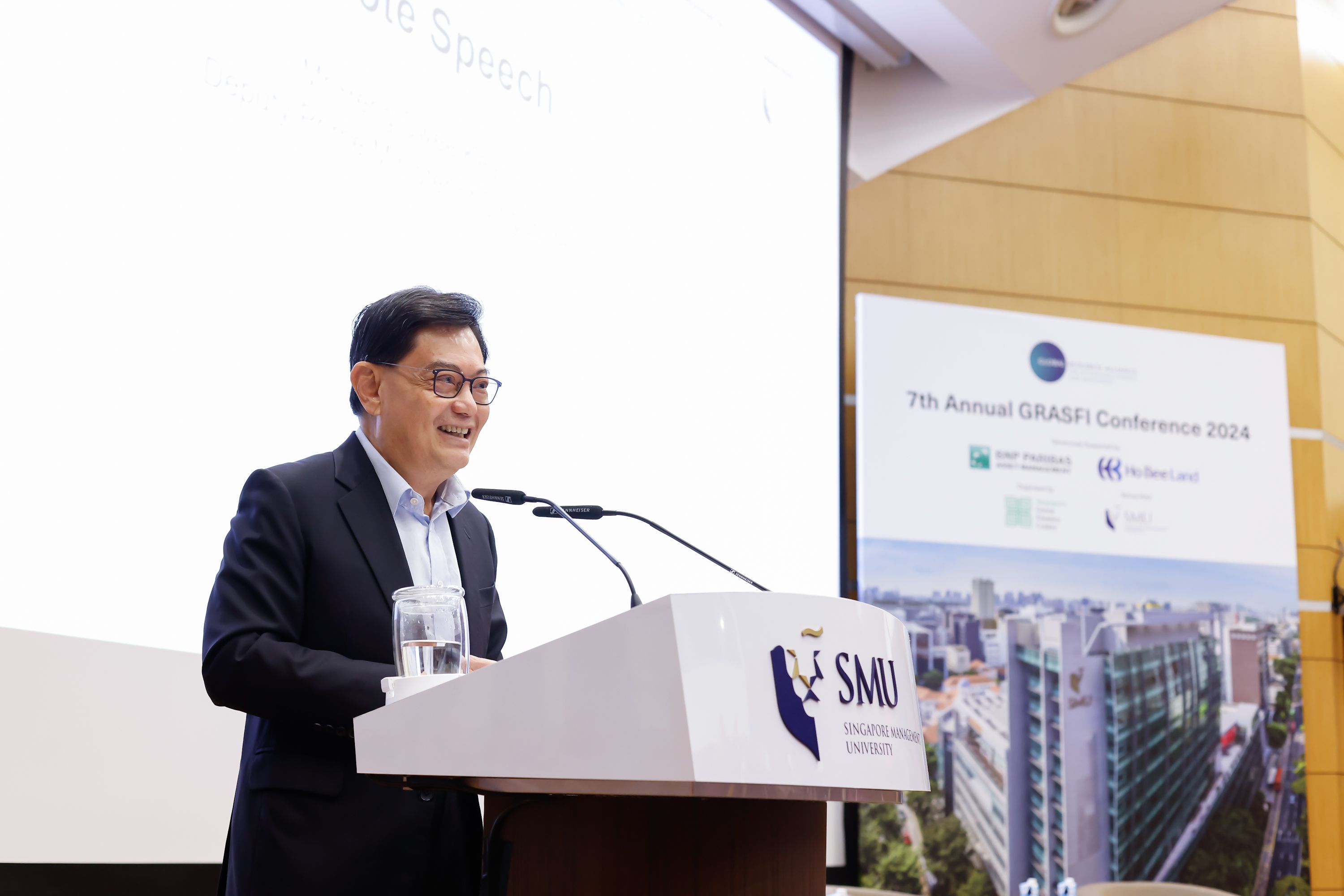 Deputy Prime Minister Heng Swee Keat giving his keynote speech at the 7th GRASFI conference held at SMU.