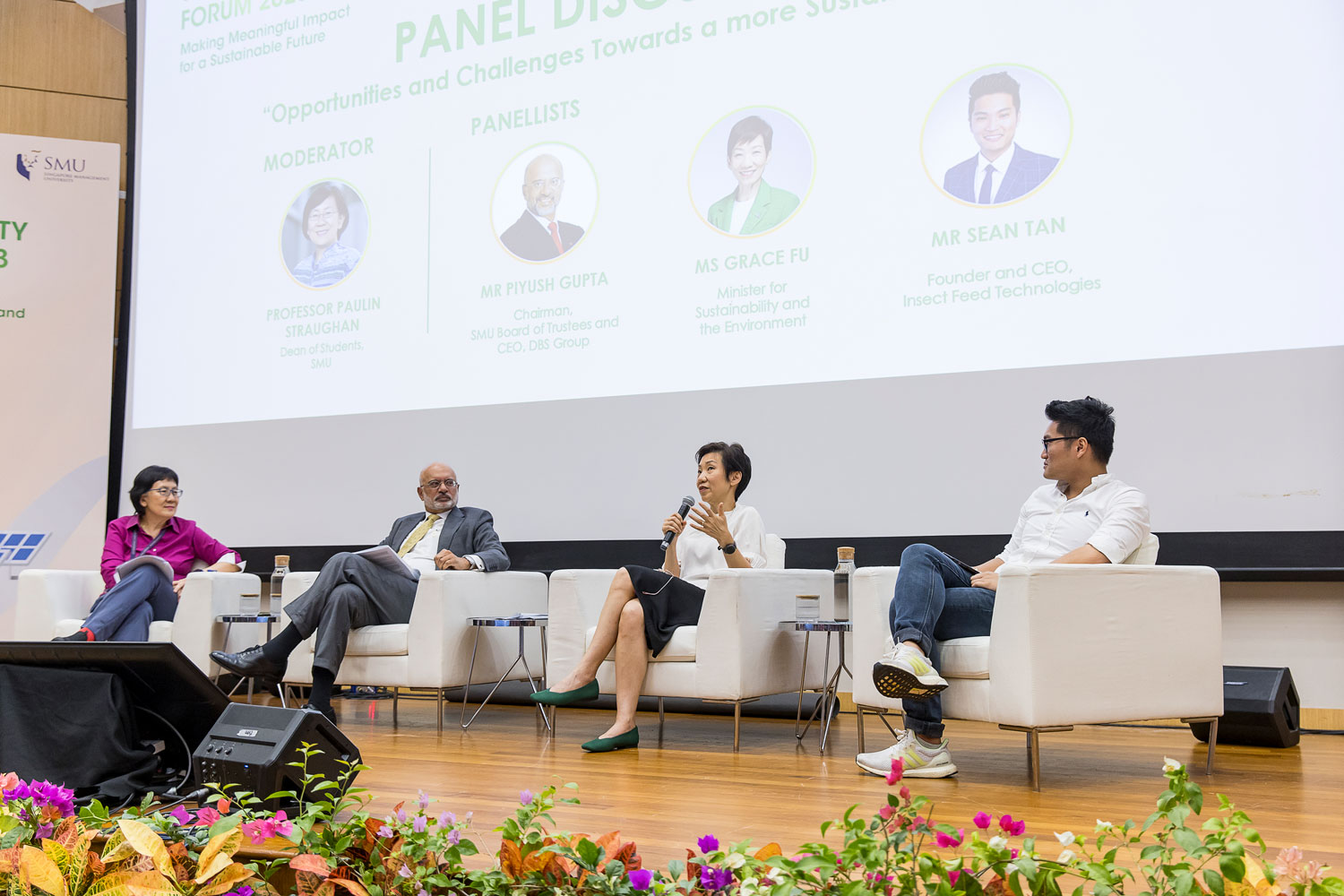 (L-R) Panel Moderator – SMU Dean of Students Prof Paulin Straughan and panellists - SMU Chairman Mr Piyush Gupta, Minister for Sustainability and the Environment Ms Grace Fu and Founder &amp;amp; CEO of Insect Feed Technologies Mr Sean Tan.