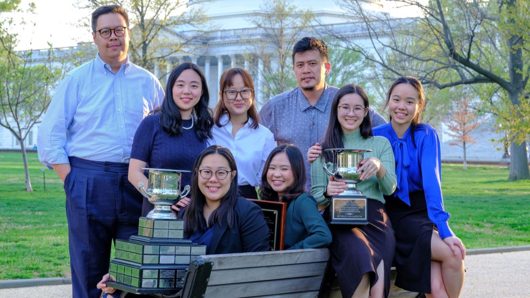 (Front row, L-R) Raelee Toh, Erica Wee, Elizabeth Ho, Genieve Wu. (Back row, L-R) Alexander Kamsany Lee, Fu Qiyuan, Lovein Sui, Assoc Prof Chen Siyuan. Absent in photo - Asst Prof Nicholas Liu, who coached the team. [Photo credit: Chen Siyuan]