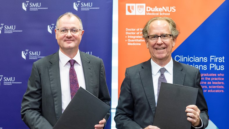 SMU Provost Prof Timothy Clark and Dean of Duke-NUS Prof Thomas Coffman at the programme launch.  