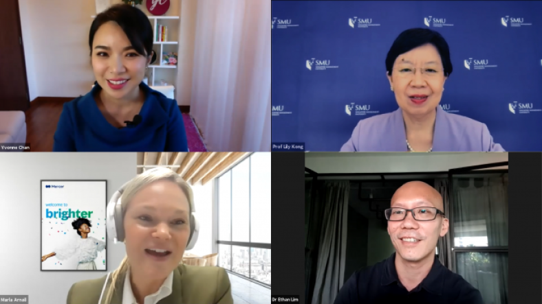 (Clockwise from top right) SMU President Professor Lily Kong; Dr. Ethan Lim, Head Clinical and Wellness, Medical Director at Cigna Singapore and Marla Arnall, Asia Consulting Leader at Mercer; discussed about how hybrid model can create a win-win situation for both companies and their employees with moderator Yvonne Chan.