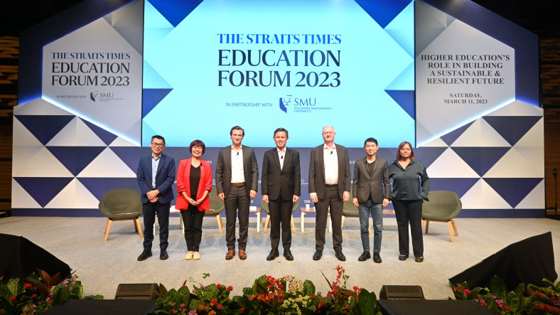 (From left) Jaime Ho, Editor, The Straits Times (ST), SMU's Professor Emeritus of Finance (Practice) and panel moderator Annie Koh, Google Singapore's Country Managing Director Ben King, Education Minister Chan Chun Sing, SMU Provost Timothy Clark, LinkedIn’s Head of Asia, Talent and Learning Solutions Frank Koo and Sandra Davie, ST Senior Education Correspondent at The Straits Times Education Forum 2023.