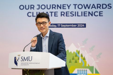 Mr Baey Yam Keng, Senior Parliamentary Secretary for Sustainability and the Environment, giving his opening address, emphasising on the importance of collaboration to forge a climate resilient future.