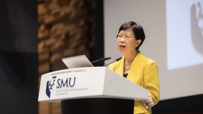 SMU President Professor Lily Kong delivering her State of the University Address 2020. SMU President Professor Lily Kong delivering her State of the University Address 2020.