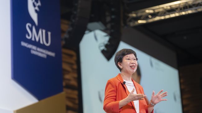 SMU President Prof Lily Kong making her 2024 President’s State of the University Address.