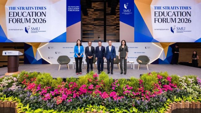 (L-R) Prof Lim Sun Sun, Vice President, Partnerships and Engagement, SMU; Raghav Gupta, Head of Education (Asia Pacific), OpenAI; Desmond Lee, Minister for Education; SMU Provost Alan Chan and Ms Karamjit Kaur, Associate Editor, The Straits Times at The Straits Times Education Forum 2026.