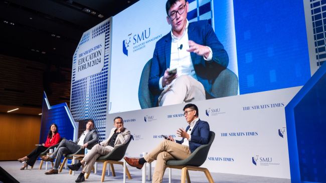 SMU Asst Prof Jerrold Soh speaking at the Straits Times Education Forum 2024.