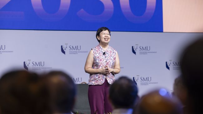 SMU President Prof Lily Kong delivering the State of the University Address 2026.