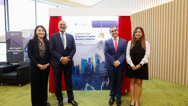 The Singapore Capital Markets Initiative was officially launched on 7 July by (L-R) Prof Lim Sun Sun, Mr Piyush Gupta, Prof Aurelio Gurrea-Martínez and Asst Prof Nydia Remolina Leon.