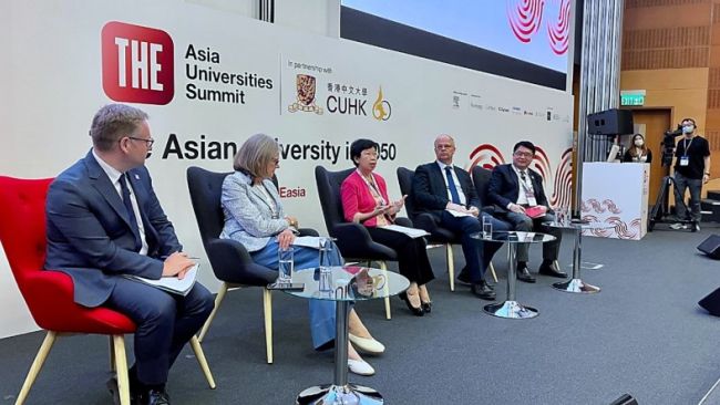 SMU President Prof Lily Kong (centre) and fellow panellists at the THE Asia Universities Summit 2023.