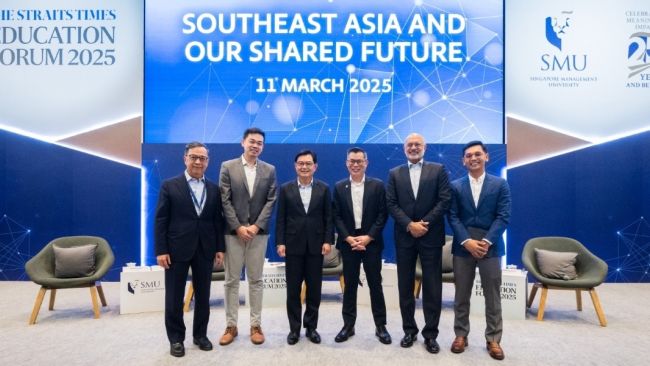 (L-R) SMU Provost-Designate Prof Alan Chan,  Carro co-founder Mr Aaron Tan, DPM Mr Heng Swee Keat, ST Editor Mr Jaime Ho, SMU Chairman Mr Piyush Gupta, and investor and entrepreneur Mr Aldi Haryopratomo at The Straits Times Education Forum 2025. 