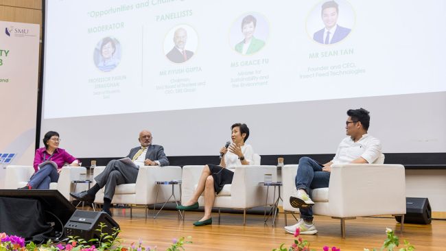 (L-R) Panel Moderator – SMU Dean of Students Prof Paulin Straughan and panellists - SMU Chairman Mr Piyush Gupta, Minister for Sustainability and the Environment Ms Grace Fu and Founder &amp;amp; CEO of Insect Feed Technologies Mr Sean Tan.